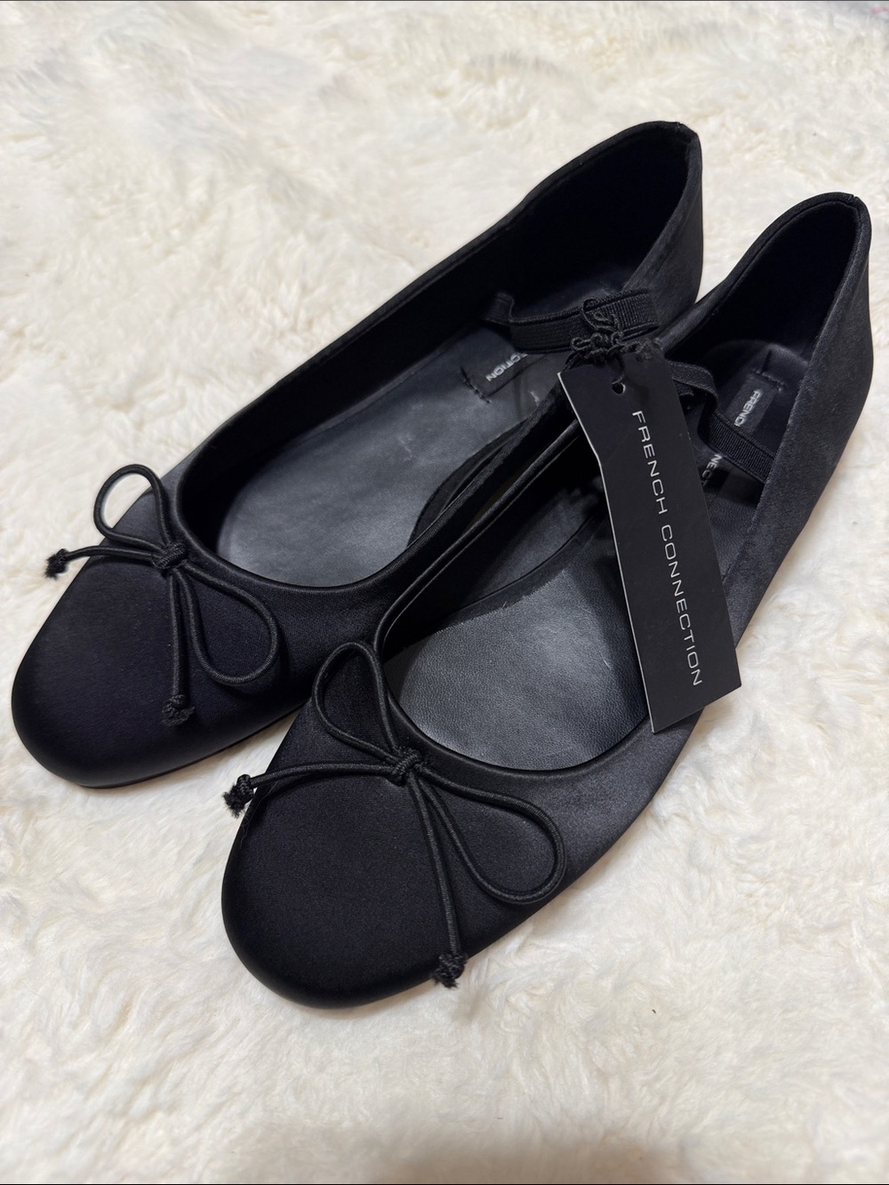 French Connection Black Satin Ballet Flats with Bow 8